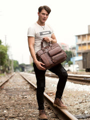 Cool Brown Leather 16 inches Travel Briefcase Side Bag Travel Handbag Luggage Bag for Men