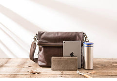 Brown Cool Leather Mens 11 inches Side Bags Messenger Bags Khaki Leather Courier Bag for Men