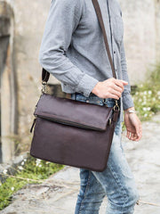 Brown Cool Leather Mens 11 inches Side Bags Messenger Bags Khaki Leather Courier Bag for Men