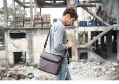 Brown Cool Leather Mens 11 inches Side Bags Messenger Bags Khaki Leather Courier Bag for Men