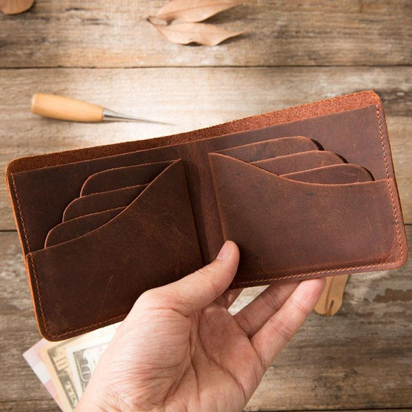 Brown Cool Leather Mens Small Wallet Bifold Vintage Slim billfold Wallet for Men