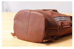 Brown Emroidered Canvas Leather Mens Women Large 14'' College Backpack Travel Backpack for Men