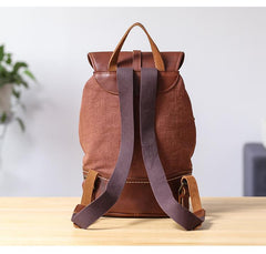 Brown Emroidered Canvas Leather Mens Women Large 14'' College Backpack Travel Backpack for Men