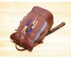 Brown Emroidered Canvas Leather Mens Women Large 14'' College Backpack Travel Backpack for Men