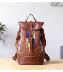 Brown Emroidered Canvas Leather Mens Women Large 14'' College Backpack Travel Backpack for Men