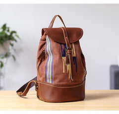 Brown Emroidered Canvas Leather Mens Women Large 14'' College Backpack Travel Backpack for Men