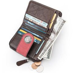 Brown Small Bifold Wallet Leather Womens billfold Small Wallet Zipper Red Card Wallet For Men