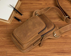 Brown Leather 8 inches Mens Small Messenger Bags Chest Bags Sling Bags for Men