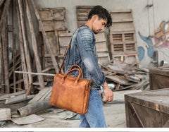 Vintage Brown Leather Mens 14 inches Briefcase Work Side Bag Brown Laptop Briefcase Business Bag for Men