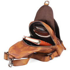 Cool Brown MENS LEATHER Sling Bag Chest Bag Coffee One Shoulder Backpack For Men