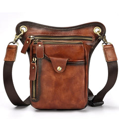 Vintage Brown Leather Men's CELL PHONE HOLSTER MINI SIDE BAG BELT POUCH Drop Leg Bag For Men