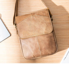 Camel Leather Mens Vertical Mini Side Bag Small Messenger Bags Courier Bag for Men