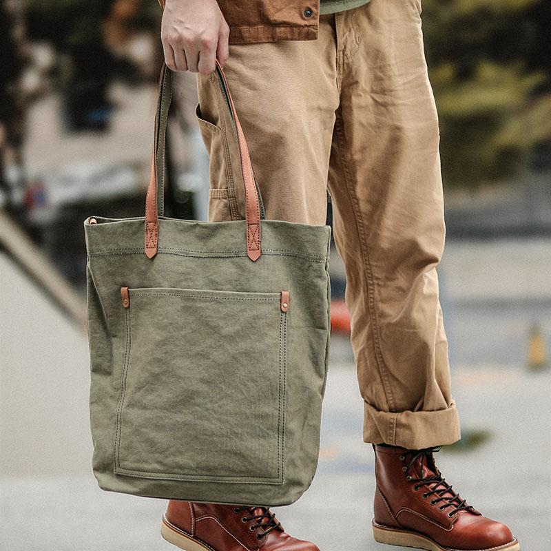 Khaki Vintage Canvas Men Womens Large Tote Bag Green Canvas Shoulder T iChainWallets