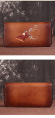 Brown Vintage Deer Wallet Leather Mens Womens Gray Long Wallet Zipper Clutch Wallet For Men