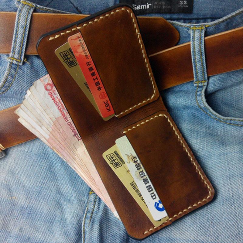 Brown Vintage Leather Mens Slim Small Wallet Leather Bifold Wallets for Men