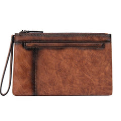 COOL MEN LEATHER Brown Wristlet Bag LONG CLUTCH WALLETS ZIPPER VINTAGE Tan Envelope Bag FOR MEN