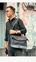 Cool Mens Black Leather Courier Bags Side Bags Leather Messenger Bags Postman Bag for Men