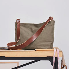 Cool Canvas Leather Mens Side Bag 14 inches Green Canvas Courier Bags Canvas Messenger Bag for Men