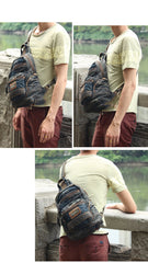 Denim Vintage Blue Mens Large Sling Bag Chest Bag Jean One Shoulder Backpacks For Men