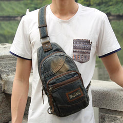 Denim Blue Mens 8 inches Sling Bag Chest Bags Fashion Denim One Shoulder Backpack For Men