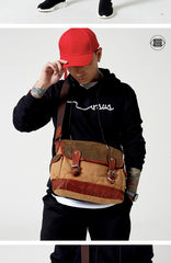 Khaki Canvas Leather Mens Coffee Side Bag Messenger Bag Khaki Canvas Courier Bag for Men