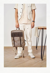 Canvas Leather Mens Backpack Canvas Khaki Travel Backpack Laptop Satchel Backpack for Men