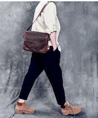 Cool Leather Mens 8‘’ Red Brown Small Side Bag Small Messenger Bag Shoulder Bag For Men