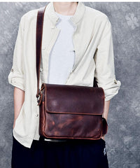 Cool Leather Mens 8‘’ Red Brown Small Side Bag Small Messenger Bag Shoulder Bag For Men