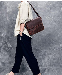 Cool Leather Mens 8‘’ Red Brown Small Side Bag Small Messenger Bag Shoulder Bag For Men