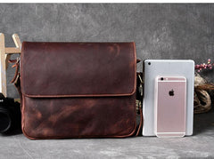 Cool Leather Mens 8‘’ Red Brown Small Side Bag Small Messenger Bag Shoulder Bag For Men