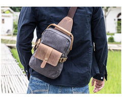 Canvas Leather Mens Khaki Chest Bag One Shoulder Backpack Green Sling Bag for Men