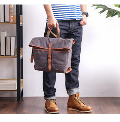 Canvas Leather Mens 13'' Khaki Side Bag Courier Bag Messenger Bag Black Shoulder Bag for Men