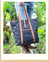 Waxed Leather Mens Womens Black 14'' Waterproof Tote Bag Handbag Tote Bag Shoulder Bag Tote Purse For Men