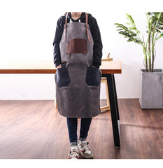 Canvas Leather Mens Womens Gray Craftsman Cafe Staff Clothes Work Apron for Men