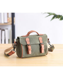 Canvas Leather Mens Womens Green Portable Side Bag Khaki Messenger Bag Small Courier Bag For Men