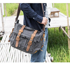 Canvas Mens 14'' Side Bag Courier Bag Gray Postman Bag Messenger Bag for Men