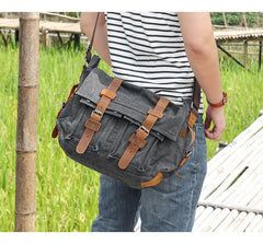 Canvas Mens 14'' Side Bag Courier Bag Gray Postman Bag Messenger Bag for Men