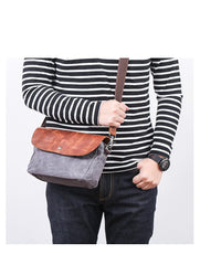 Leather Canvas Mens Small Side Bag Gray Courier Bag Postman Bag Messenger Bag for Men
