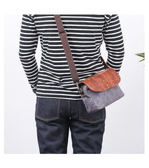 Leather Canvas Mens Small Side Bag Gray Courier Bag Postman Bag Messenger Bag for Men