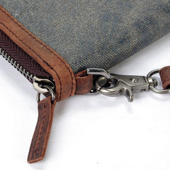 Casual Black Canvas Leather Men's Long Wallet Bifold Around Zip Wallets Clutch Purse For Men