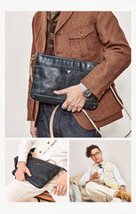 Casual Black Leather Mens 10'' Messenger Bag Brown Courier Bag Side Postman Bag For Men