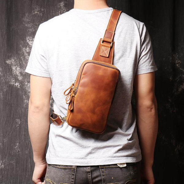 Best Brown Leather Men's Sling Bag Chest Bag Brown One shoulder Backpack Sling Pack For Men