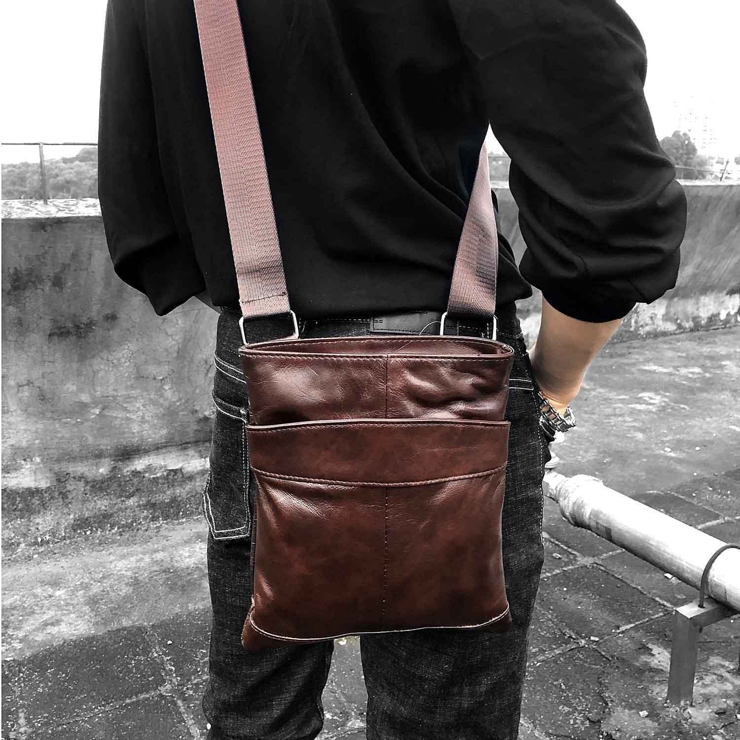 Casual Brown LEATHER MENS SMALL VERTICAL Postman BAG Brown SIDE BAGS Cool COURIER BAG MESSENGER BAG FOR MEN