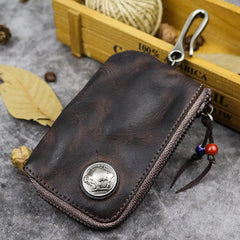 Vintage Brown Leather Men's Car Key Wallet Black Zipper Key Wallet For Men