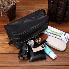Casual Black Leather Men's Wristlet Bag Double Zipper Clutch Bag For Men
