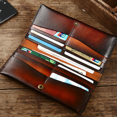 Casual Retro Leather Mens Wine Red Slim Long Wallet Light Beige Bifold Card Wallet Clutch Wallet For Men