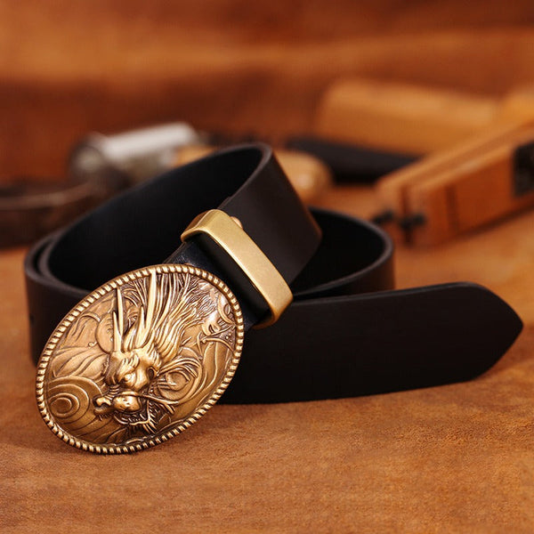 Handmade Leather Belts Mens Brass Chinese Dragon Leather Belts for Men