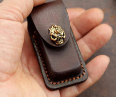 Skull Handmade Leather Mens Dunhill Lighter Case With Belt Loop Cool Dunhill Lighter Holders For Men