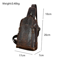 Crocodile Pattern Leather Backpack Men's Sling Bag Chest Bag Coffee One shoulder Backpack Sling Pack For Men
