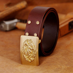 Handmade Leather Belts Minimalist Mens Brass Chinese Dragon Leather Belts for Men
